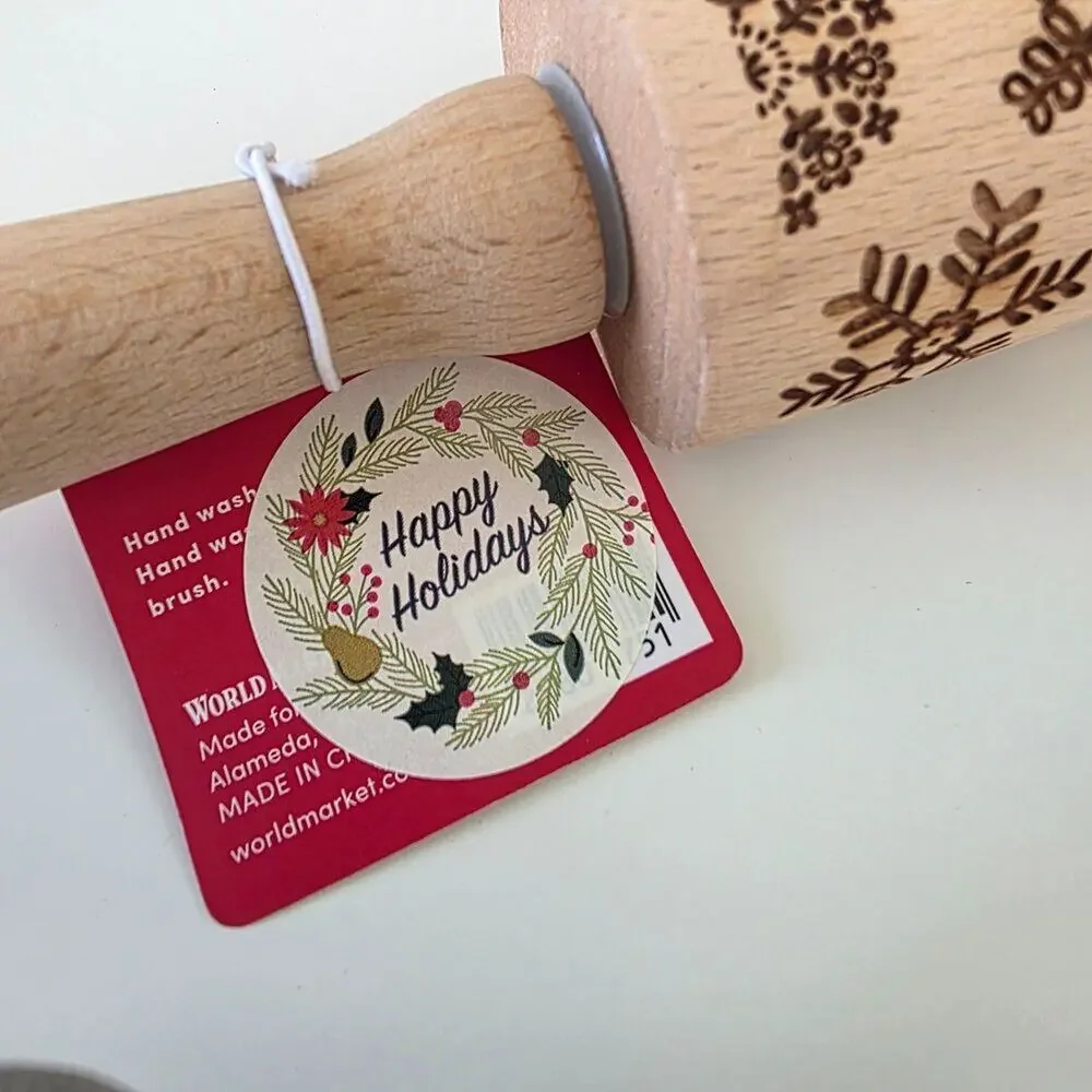 World Market Snowflake Embossed Wooden Rolling Pin Christmas Cookie Baking